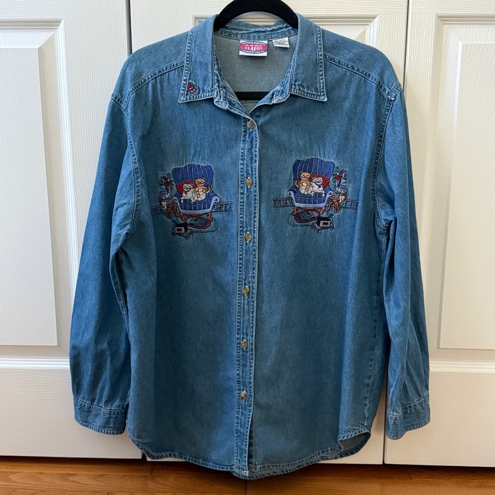 VINTAGE Cool Blues Denim Button-Up Shirt with Embroidered Cats on Chair Design
